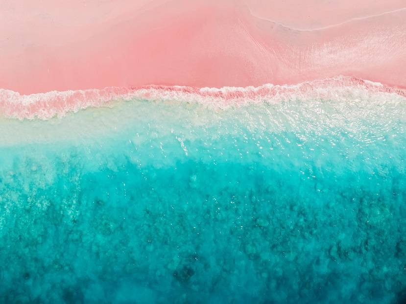 Tropical pink beach with blue sea. Komodo islands - aerial view